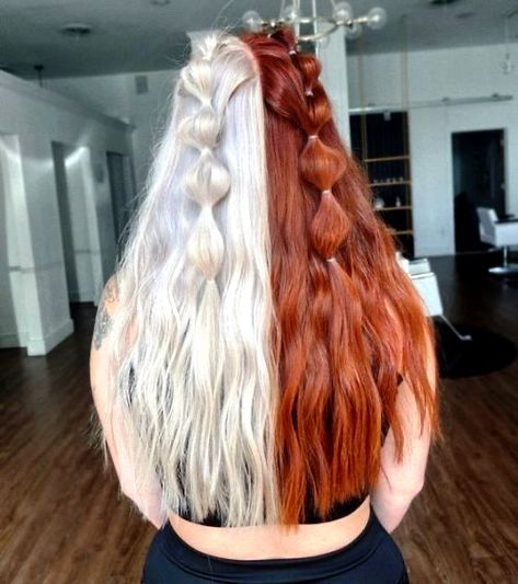 Red Blonde Hair Color, Half Hair Color, Half And Half Hair Color, Split Hair Dye, Half Colored Hair, Warm Red Hair, Hair Coloring Ideas, Two Tone Hair Color, Tips For Hair