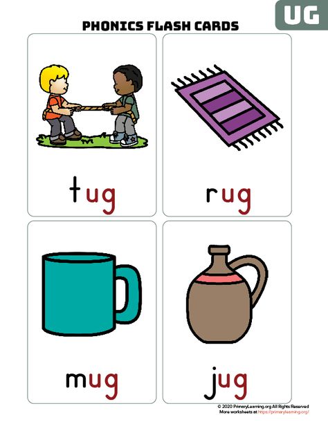 UG #wordfamily #flashcards help students learn to read. Words: bug, dug, hug, jug, mug, rug, tug. #phonics #primarylearning #kindergarten https://primarylearning.org/worksheet/ug-word-family-flash-cards/?utm_source=pinterest&utm_medium=social&utm_campaign=fundamental_skills&utm_term=phonics&utm_content=flashcards Ug Word Family, Word Family List, Preschool Calendar, Kindergarten Reading Activities, Activity Workbook, Free Kindergarten Worksheets, Jolly Phonics, Phonics Games, Word Family