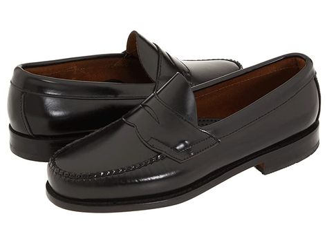 G.H. Bass & Co. Logan Weejuns (Black Box Leather) Men's Shoes. The Logan is part of the G. H. Bass Weejuns Collection: offering quintessential luxury loafers featuring hand-sewn details  premium leathers  and classic moc toes. Let the Logan penny loafer carry you through a long day at the office to your dinner date in complete comfort and confidence. Genuine leather uppers featuring a timeless penny detail with moc toe stitchi #G.H.Bass&Co. #Shoes #OpenFootwear #GeneralOpenFootwear #Black 1940s Shoes, Oxford Platform Shoes, Oxford Shoes Outfit, 1940s Style, Leather Wear, Black Loafers, Penny Loafer, Leather Shoes Men, Black Box