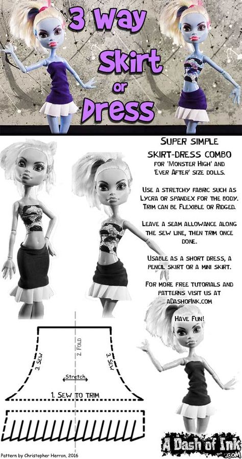 3-Way Skirt Pattern by aDashofInk Monster High Skirt Pattern, Monster High Sewing Patterns Free, Monster High Doll Clothes Patterns Free, Monster High Dress Pattern, Monster High Sewing Patterns, Monster High Patterns, Monster High Clothes Patterns, Monster High Doll Clothes Patterns, Diy Doll Clothes