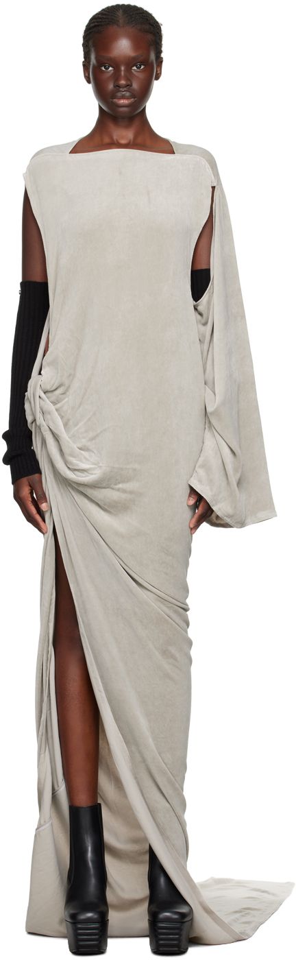 Lightweight FSC®-certified viscose- and silk-blend velvet dress. · Asymmetrical construction · Boat neck · Cutout at sleeves · Twisted detailing at vented side seam Supplier color: Pearl Rick Owens Street Style, Rick Owens Runway, Rick Owens Dress, Rick Owens Women, Conceptual Fashion, Dress Asymmetrical, Ruched Midi Dress, Women Midi, Green Midi Dress