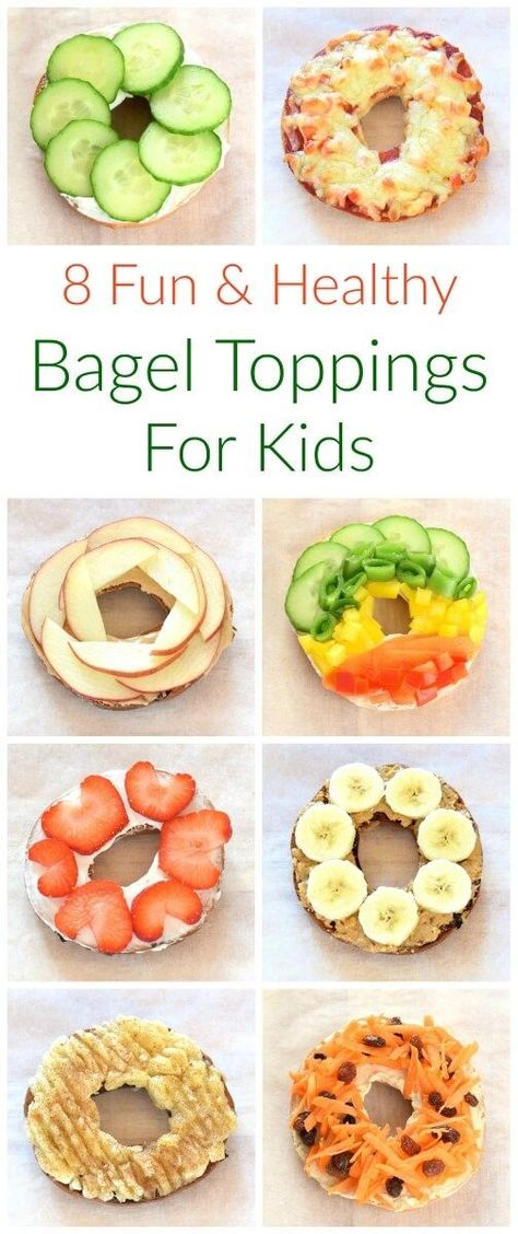 Fun and easy healthy bagel toppings ideas for kids - breakfast and lunch ideas… Bagel Toppings Ideas, Breakfast And Lunch Ideas, Healthy Bagel, Bagel Toppings, Lunch Menu, Healthy Meals For Kids, Fun Kids Food, Healthy Snacks For Kids, Breakfast For Kids