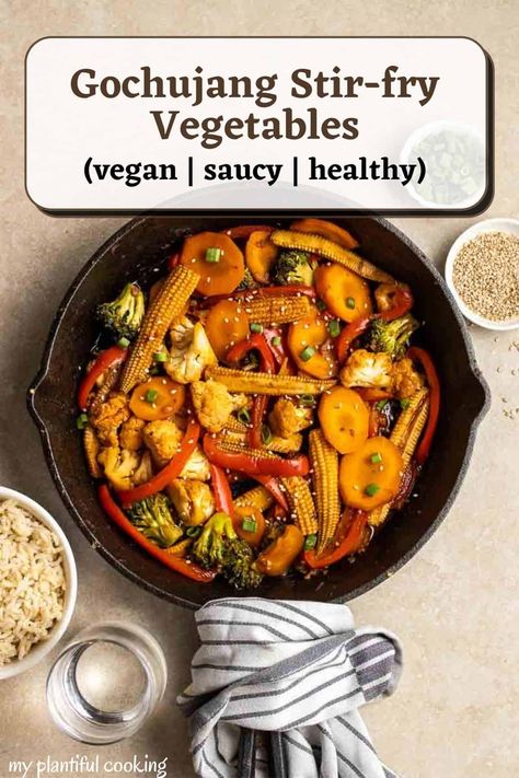 Korean Gochujang Stir-fry Vegetables Korean Veggie Stir Fry, Gochujang Stir Fry Sauce, Korean Veggie Recipes, Korean Stir Fry Vegetables, Gochujang Recipe Vegetarian, Gochujang Vegetables, Gochujang Stir Fry, Korean Stir Fry Sauce, Vegetable Stir Fry Sauce