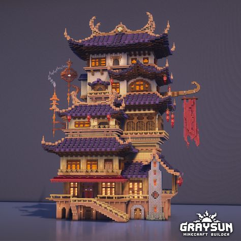 A minecraft fantasy pagoda designs. Download it by subscribing on my patreon! Modern Mc House, Cobblemon Builds, Chinese Minecraft House, Casa Minecraft Survival, Chinese Minecraft Builds, Japanese Builds Minecraft, Minecraft Chinese Builds, Minecraft Pagoda, Minecraft Base Design