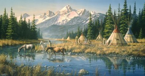 Jim Hautman Blackfeet Village Native American Village, Native American Paintings, Native American Images, Western Town, Native American Pictures, Wilde Westen, Native American Artwork, Southwestern Art, West Art