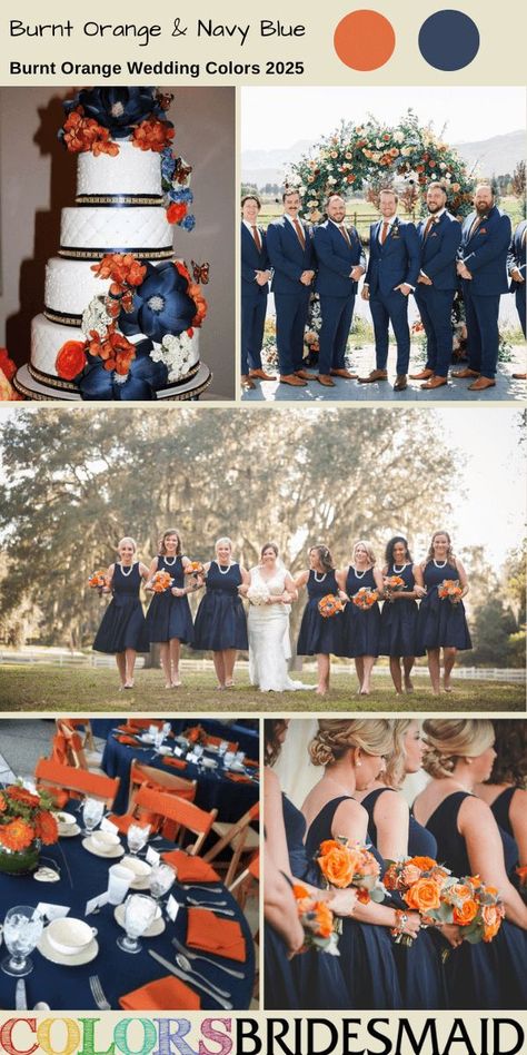 Burnt orange and navy blue for burnt orange wedding colors 2025, burnt orange bridesmaid dresses, white bridal gown, navy blue groomsmen suits and burnt orange ties, burnt orange bouquets and reception centerpieces, navy blue wedding tablecloth and burnt orange wedding napkins, white wedding cake with burnt orange and navy blue flowers. #weddingcolors #weddingideas #burntorangeweddings #colsbm #2025 #bridesmaiddresses #orangewedding #navybluewedding #navywedding #burntorangeandnavyblue Navy Blue Groomsmen, Blue Orange Weddings, Blue Groomsmen Suits, Blue Groomsmen, Burnt Orange Bridesmaid Dresses, Burnt Orange Wedding, Orange Wedding Colors, Wedding Color Combinations, Fall Wedding Color Palette