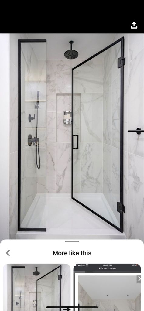 Black Shower Doors, White Marble Bathrooms, Bathroom Decorating Ideas, Bathroom Redesign, Bathroom Decorating, Bathroom Decor Ideas, Bathroom Remodel Shower, Small Bathroom Ideas, Bathroom Design Luxury