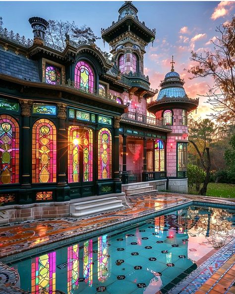 Mystical House Exterior, Stained Glass Houses Buildings, Glass Castle Aesthetic, Glass Castle Fantasy Art, Gothic Mansion Aesthetic Exterior, Stained Glass Front Door, Tropical Luxury, Exotic Homes, Fairytale House