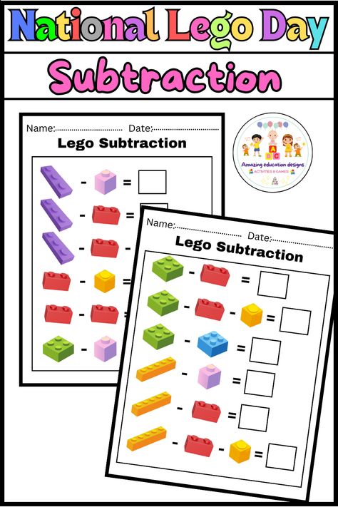 What’s included ?  Activities Lego Subtraction National Lego Day worksheet in PDF  Size : 8.5 × 11 in ·pages : 6 Lego Math Games, Lego Math, Math Night, Lego Theme, Math Games, Drills, Say Goodbye, Math Activities, School Ideas