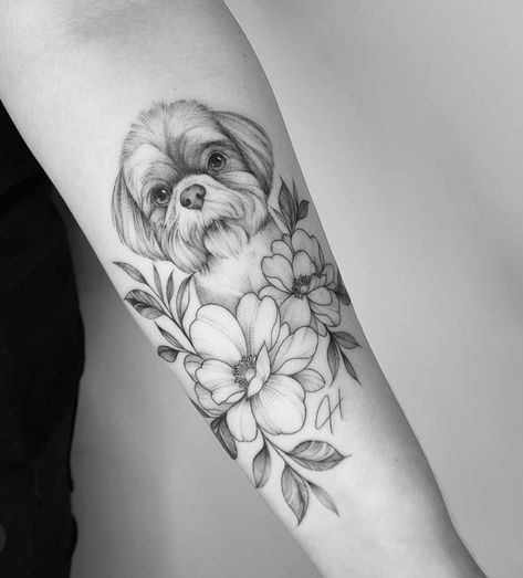 Dog And Floral Tattoo, Half Dog Half Flower Tattoo, Dog And Flower Tattoo Sleeve, Dog Face Flower Tattoo, Pet Portrait Tattoo, Tattoo Perro, Dog Portrait Tattoo Flowers, Hannah Tattoo, Dog Portrait With Flowers Tattoo