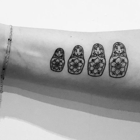 Matryoshka Dolls Tattoo, Russian Matryoshka Doll Tattoo, Tattoo Ideas Russian, Nesting Dolls Tattoo, Russian Dolls Tattoo, Russian Tattoo Ideas, Doll Tattoo Ideas, Russian Nesting Doll Tattoo, Babushka Tattoo