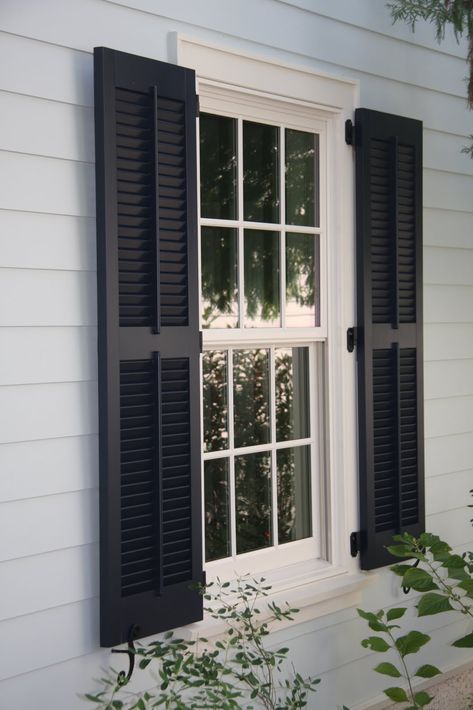 Elegant Houses, White House Black Shutters, Colonial Shutters, Shutter Hinges, Window Shutters Exterior, Farmhouse Shutters, White Siding, Black Shutters, House Shutters