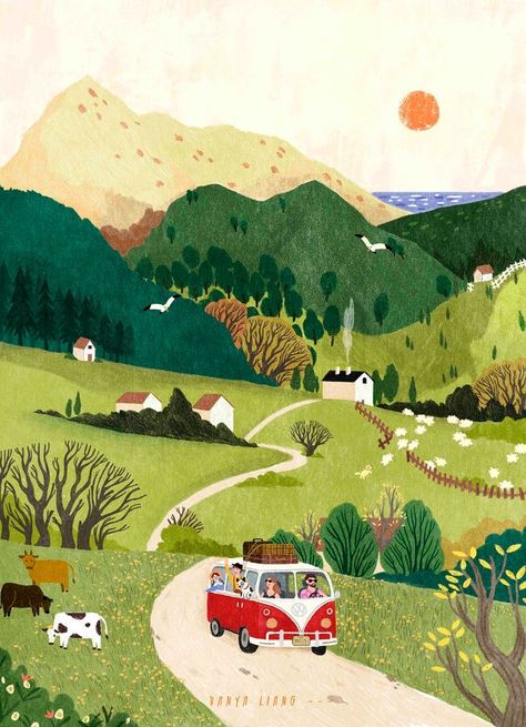 Country Landscape Drawing, Country Side Illustration, Farmland Illustration, Roads Illustration, Illustrated Landscape, Countryside Illustration, Hill Illustration, Road Illustration, Village Illustration