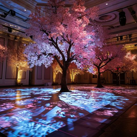 Waltz Under the Cherry Blossoms: Captivating Dance Floor Decor with Faux Cherry Blossom Trees and Flower Lighting Club Design Interior, Cherry Blossom Wedding Theme, Fall Interior Design, Cherry Blossom Decor, Sakura Wedding, Cherry Blossom Party, Rococo Art, Cherry Blossom Wedding, Elegant Centerpieces