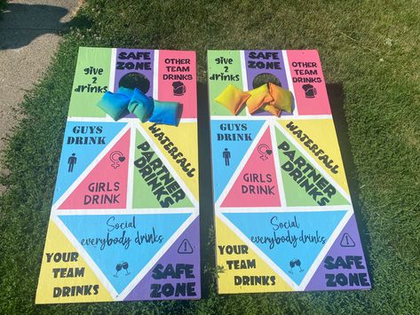 Cornhole Board Ideas Design, Drinking Game Cornhole Board, Cornhole Drinking Boards, Custom Painted Cornhole Boards, Bean Bag Toss Board Design, Cornhole Boards Designs Drinking Game, Corn Hole Drinking Game, Painted Corn Hole Boards Ideas, College Cornhole Boards Designs