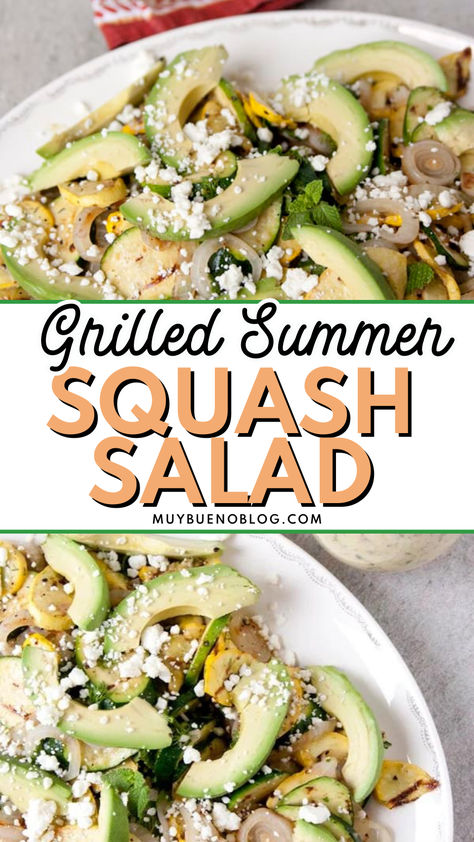 Grilled Summer Squash Salad has a creamy dressing, feta crumbles, and fresh avocado all on one plate. Whip this up for a wholesome and satisfying dish that is a summer side dish or even light lunch or dinner option. Feta Crumbles, Summer Squash Salad, Bueno Recipes, Best Lunch Recipes, Mexican Side Dishes, Acorn Squash Recipes, Summer Side Dish, Dinner Today, Creamy Dressing