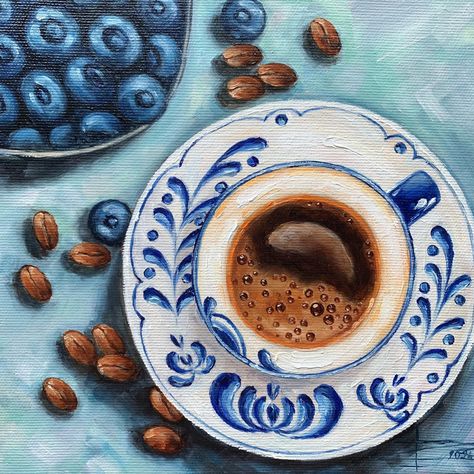 ORIGINAL CANVAS PAINTING READY to SHIP. READY to HANG. Ready to ship in 5-7 business days ✅ TITLE: Cup of morning coffee and blueberries  ✅ MEDIUM: oil on canvas stretched ✅ SIZE: 7.8x7.8 inc. / 20x20cm ✅ YEAR: 2024 Pictures are just as a sample. I will write this picture only for you, so there may be some difference. Introducing our charming "Cup of Coffee and Blueberries" oil painting, a small picture that will add a touch of warmth to any space. This delightful piece captures the simple pleasures of sipping on a cup of freshly brewed coffee, accompanied by a bowl of luscious blueberries. The combination of vibrant colors and intricate brushstrokes creates a sense of tranquility and joy, making it a perfect addition to your kitchen, dining area, or coffee nook. Expertly crafted with atte Wall Drawing Ideas Creativity Artists, Coffee Cup Painting, Coffee Painting Canvas, Pencil Colour Painting, Coffee Party, Original Canvas Painting, Coffee Nook, Coffee Painting, Food Painting