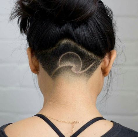 Undercut Hair Tattoo, Back Of Head Shaved Design Women, Undercut Wave Design, Shave Designs Undercut, Mountain Undercut, Undercut Shave Design, Nape Undercut Designs Simple, Womens Undercut Designs, Back Undercut Women