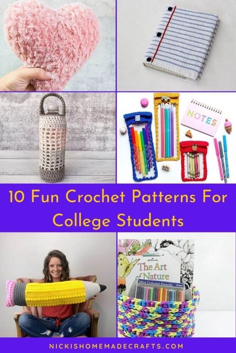 Crochet For Students, Crochet College Gifts, College Crochet, Crochet College, Fun Crochet Patterns, Crochet School, College Girl Gifts, Yarn Basket, Crochet Case