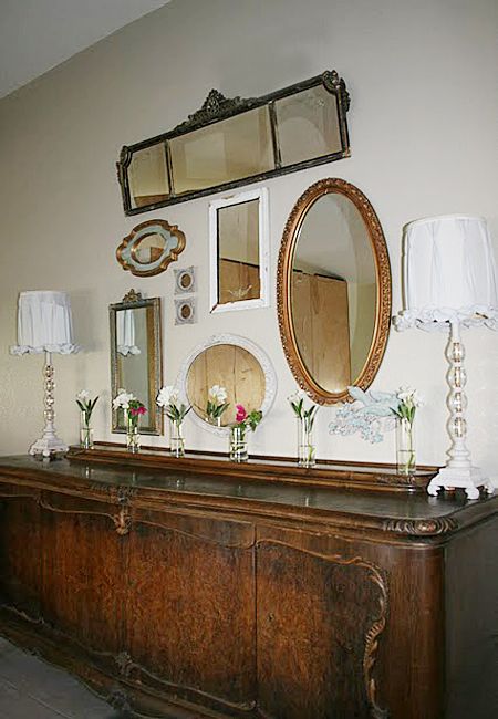 hello beautiful (love the finishing touches as well) Wall Of Mirrors, Lampshade Tutorial, Buffet Mirror, Mirror Gallery, Mirror Gallery Wall, Long Mirror, Antique Buffet, Vintage Mirrors, Magic Mirror