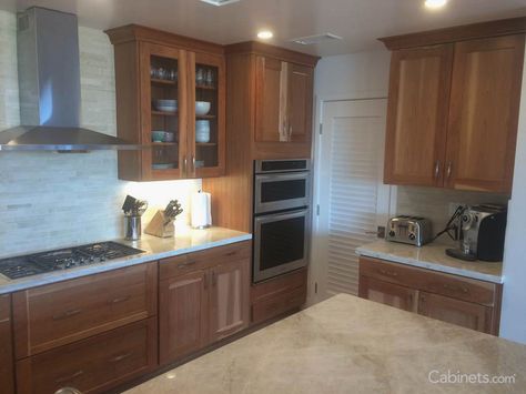 Love the look of natural cherry wood cabinets paired with a light colored countertop and neutral backsplash. Colonial Cabinets, Framed Cabinets, Cherry Wood Kitchen Cabinets, Natural Cabinets, Cherry Wood Kitchens, Discount Cabinets, Cherry Wood Cabinets, Neutral Backsplash, Moms Kitchen