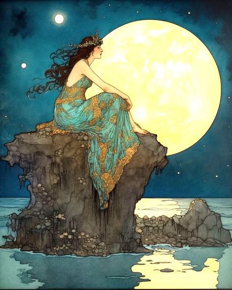 Arte Pin Up, Painting Of A Woman, Arte Grunge, Art Nouveau Illustration, Woman Sitting, Fairytale Art, Ethereal Art, Moon Art, A Rock