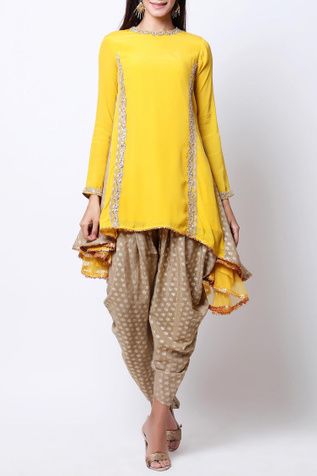 Casual Pakistani Outfits Simple, Asymmetric Kurta, Placement Embroidery, Yellow Kurta, Dhoti Pants, Yellow Beige, Ethnic Outfits, Boutique Dress Designs, Dress Indian Style