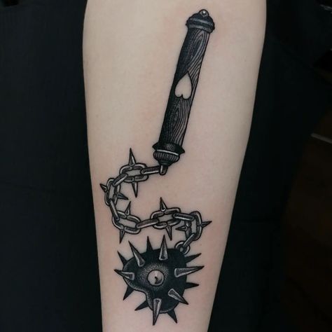 𝕷𝖎𝖑𝖞 𝕽𝖆𝖋𝖋𝖊𝖗𝖙𝖞 (@needle.mistress) posted on Instagram • Jun 19, 2022 at 5:23pm UTC Patchwork Tattoo Hand, Ball And Chain Tattoo Traditional, Chain Mace Tattoo, Medieval Traditional Tattoo, Mace Tattoo Design, Dark Themed Tattoos, Ball And Chain Tattoo, Gothic Sternum Tattoo, Mace Tattoo