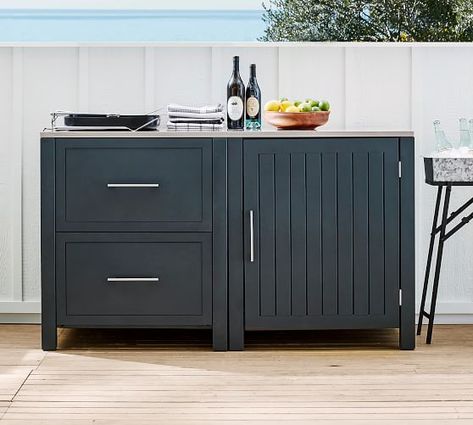 The Outdoor Kitchen | Pottery Barn Metal Outdoor Kitchen, Moveable Kitchen Island, Pool Bars, Cabinet Gray, Refrigerator Cabinet, Outdoor Kitchen Cabinets, Corner Kitchen Cabinet, Metal Outdoor Furniture, Outdoor Cabinet