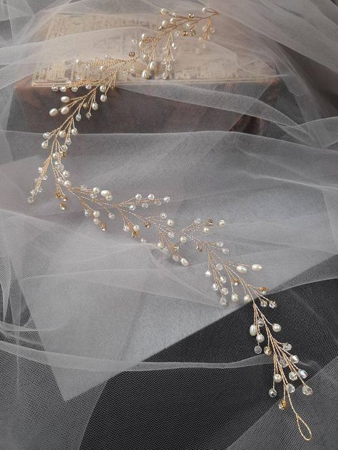 Pearl hair vine Bridal hair pieces Babys breath hair Gold hair | Etsy Pearl Hair Vine Wedding, Bridal Hair Vine Pearl, Bride Hair Vine, Rose Gold Headpiece, Rose Gold Hair Vine, Bridal Head Piece, Silver Hair Vine, Hair Vine Bridal, Gold Hair Vine