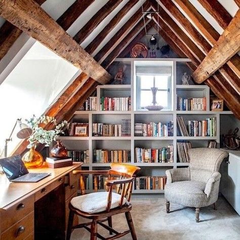 Attic Office, Home Library Design, Attic Rooms, Home Libraries, In The Corner, Home Library, House Inspo, Dream Home Design, 인테리어 디자인