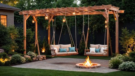 Backyard Swing Ideas Backyard Swing Ideas, Small Garden Design Ideas Low Maintenance, Balcony Patio Ideas, Serenity Garden, Backyard Swings, Pergola Swing, Backyard Oasis Ideas, Modern Backyard Landscaping, Cozy Backyard