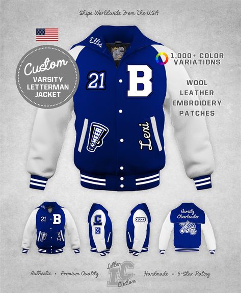 Genuine LetterCustom® Premium Authentic Handmade Letter Jacket Features: * Completely Customized Colors & Designs * Genuine Cowhide Leather Sleeves & Pocket Welts * Pill Resistant 24oz Melton Wool Body * 3/4 Zip-Out Diamond Quilted Liner (Allows For Easily Adding Future Patches) * Premium Quality Knit-Trim Striped Collar & Cuffs * Interior Chest Media Pocket * Choice of Regular Collar or Zipper Hood * Industry Leading Regular Production Time of Approx. 4 Weeks Plus Shipping from Eagl Letterman’s Jacket Ideas, College Letterman Jacket, Soccer Letterman Jacket Ideas, Letterman Jackets High School, Cheerleader Letterman Jacket, Cheerleading Letterman Jackets, Custom Letterman Jacket Ideas, Letter Jacket Patches Placement, Varsity Jacket With Patches