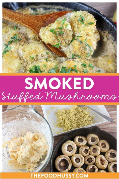 Smoked Stuffed Mushrooms are cheesy and slightly smoky and ready in less than an hour! Three kinds of cheese and a crunchy topping make them your new favorite smoked appetizer! Smoked Stuffed Mushrooms, Dessert Restaurants, Traeger Recipes, Kinds Of Cheese, Traeger Grill, Cheesy Recipes, Stuffed Mushroom Caps, Pellet Grill, Sliced Mushrooms