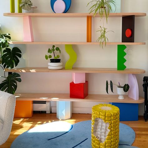 Colorful Shelves Living Room, Corn Stool, Post Modern Design, Colourful Furniture, Art Deco Ideas, Vibrant Living Room, Vintage Inspired Decor, Emma Chamberlain, Objet Design