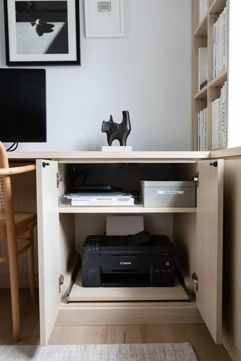 Printer Space Ideas, Bookshelf With Printer, Under Desk Organization, Desk In Kitchen, Desk Organization Ideas, Organized Desk, Printer Storage, Printer Cabinet, Printer Shelf