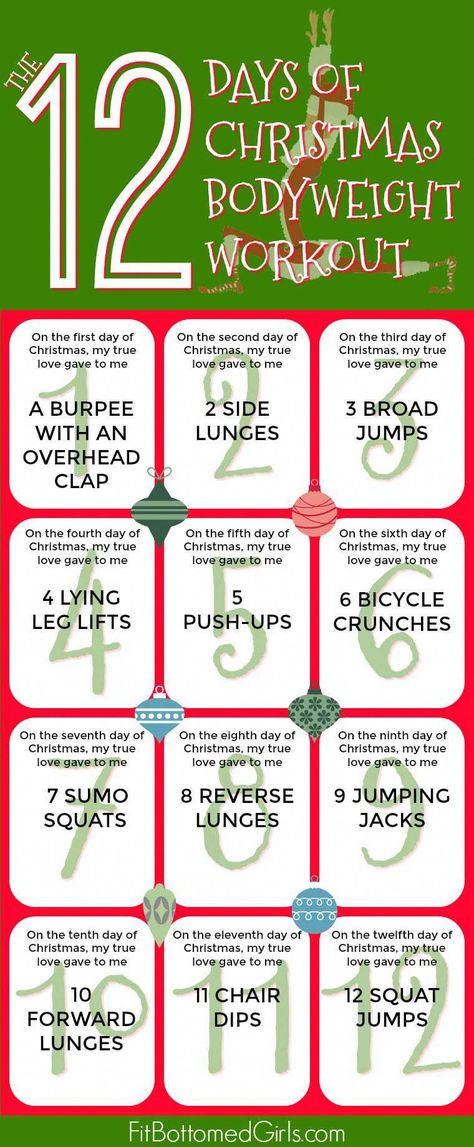 The 12 Days of Christmas Bodyweight Workout #fitnesstraining Christmas Workout, Quads And Hamstrings, Holiday Workout, The 12 Days Of Christmas, 140 Pounds, Workout Fits, Workout Moves, Mike Tyson, I Work Out