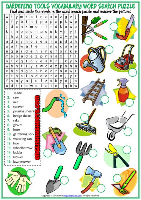 Gardening Tools ESL Word Search Puzzle Worksheet For Kids Gardening Vocabulary, Gardening Worksheets, Tools Vocabulary, Kids Gardening Tools, English Tenses, Spring Worksheet, Word Search Puzzles Printables, Puzzle Worksheet, 19 Days Manga Español