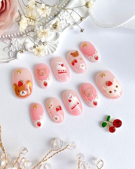 Strawberry Nails Korean, Sumikko Gurashi Nails, Cute Nails 3d, Korean Pastel Nails, Korean Bear Nails, Rilakkuma Nail Art, Press On Nails Art, Kawaii Press On Nails, Nail Inspo Kawaii