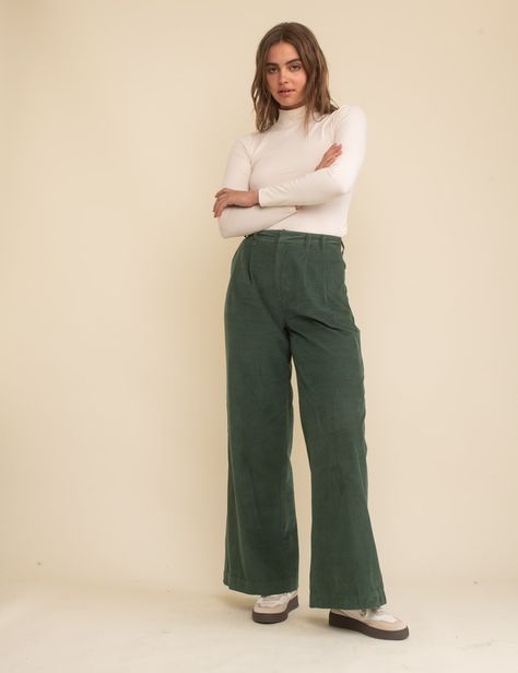 Green Trousers Outfit Winter, Green Trousers Outfit, Pleat Pants, Green Trousers, Corduroy Trousers, Green Corduroy, Iconic Dresses, Gingham Dress, Petite Dresses