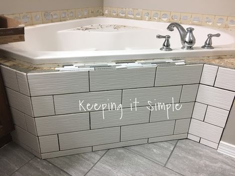 Diy Tile Bathtub, Jacuzzi Tub Tile Surround Ideas, Tile Tub Skirt, Tub Skirt Ideas, Garden Tub Remodel, Tile Around Tub, Tile Around Bathtub, Tub Surround Ideas, Bathtub Makeover