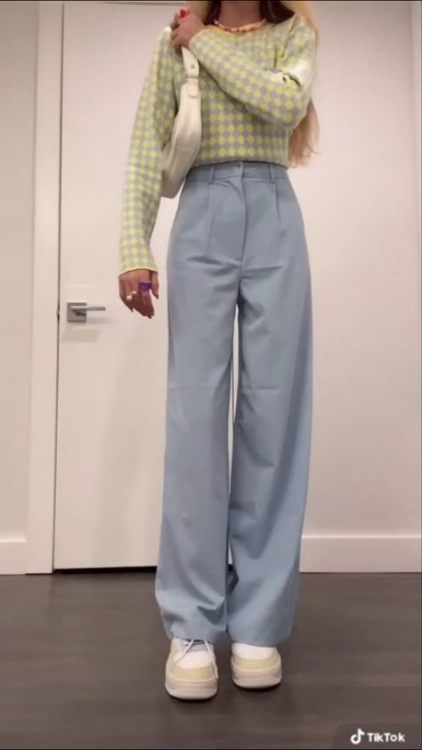 Pale Blue Pants Outfit, Light Blue Trousers Outfit Color Combos, Pale Blue Trousers Outfit, Light Blue And Green Outfit, Sky Blue Trousers Outfit, Sky Blue Trouser Outfit Women, Light Blue Combination Outfit, Light Blue Slacks Outfit Women, Blue Slacks Outfit