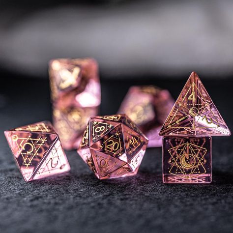 URWizards Dnd Pink Zircon Glass Engraved Dice Set Astrology Style | Urwizards Dnd Pink, Cool Dnd Dice, Pink Zircon, Dungeons And Dragons Dice, Dice Tray, D&d Dungeons And Dragons, Dice Set, Cthulhu, Tabletop Games