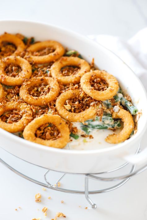 Green Bean Casserole with Onion Rings — Mer and Meg's Escapades Green Bean Casserole With Onion Rings, Boil Green Beans, Fresh Green Bean Casserole, Crispy Onions, Fresh Green Beans, Green Bean Recipes, Green Bean Casserole, Bean Casserole, Thanksgiving Sides