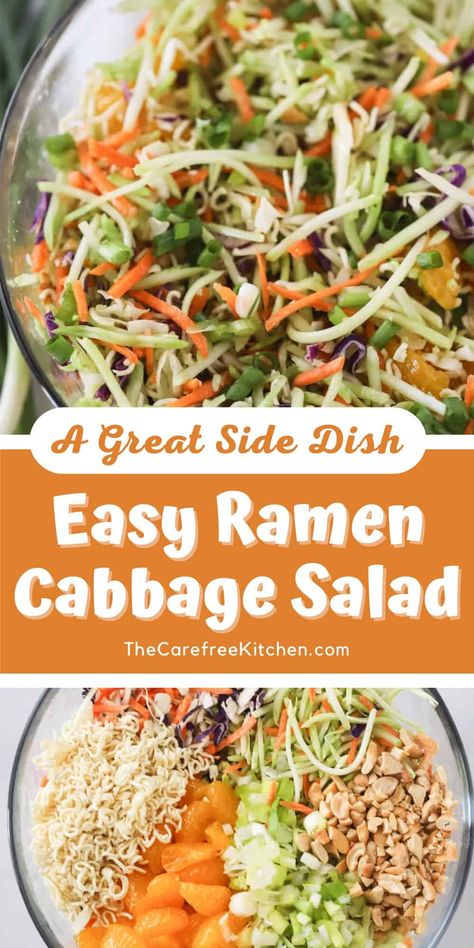 This Ramen Cabbage Salad with a simple soy dressing is packed full of colorful crisp veggies, crunchy ramen noodles, mandarin oranges, and salted cashews. It’s quick and easy, can be made-ahead of time, and perfect for serving to a small family or large crowd. #thecarefreekitchen #salad #asian #ramen #sidedish #dressing #coleslaw #cabbage #cashews Ramen Noodle Salad With Cashews, Healthy Napa Cabbage Recipes, Raman Noodles Cabbage Salad, Ramen Noodle Salad With Mandarin Oranges, Cabbage Salad With Ramen Noodles, Salad With Ramen Noodles, Cabbage Ramen, Ramen Cabbage Salad, Cranberry Applesauce