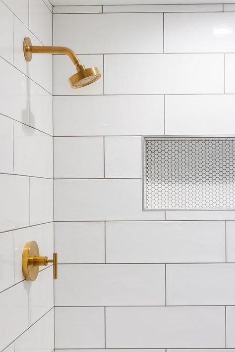 Large Subway Tile Bathroom, Grey Grout Bathroom, Shower Subway Tile, Large Subway Tile, Large White Tiles, Large Tile Bathroom, White Shower Tile, White Subway Tile Shower, White Subway Tile Bathroom