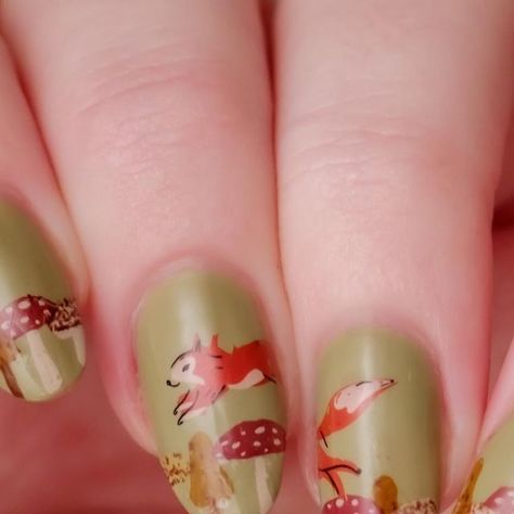 Jess | Nail Artist on Instagram: "Little leaping squirrel 🐿️🍄 @opinailsuk This Isn’t Greenland @clearjellystamper CJS-148 #opinailboss #opinailsuk #opiobsessed #clearjellystamper #clearjellystamperplates #autumnnails #autumnnailart #autumnnails2023 #fallnailart #fallnails2023 #squirrelnails #toadstools #stampednails #stampingnailart #stampingnails #stampednailart #layeredstamping" Squirrel Nails, G Nails, Stamping Nail Art, Fall Nail Art, Opi Nails, Artist On Instagram, Holiday Nails, Acrylic Nail Designs, Nail Artist