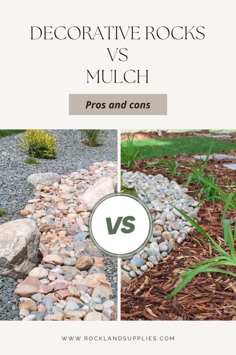 There are many benefits to using mulch in garden beds and then there are times when decorative stone may be best. To know which one is best for your needs and garden goals, we’ve put together the landscaping pros and cons of decorative rocks vs mulch. Rock Instead Of Mulch Flower Beds, Rocks Vs Mulch Landscaping, Mulch Garden Bed, Stone Vs Mulch Landscaping, Mulch To Rock Transition, Stone Mulch Landscaping Ideas, Cedar Mulch Landscaping Ideas, Replacing Mulch With Rock, Landscape Mulch And Rock Ideas