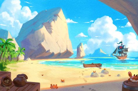 ArtStation - Land of Eem - Scalawag Strand Environmental Artwork, 동화 삽화, Pirate Art, Beach Illustration, Casual Art, Marine Theme, Picture Books Illustration, Book Illustration Art, Game Background