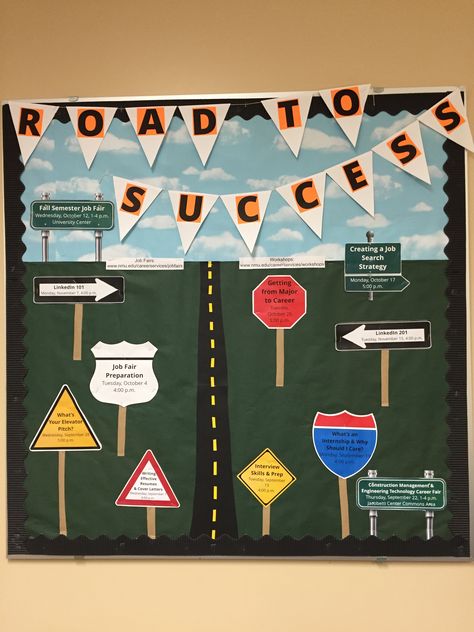 Big street down halls Road Themed Bulletin Board, Travel Door Decs, Road To Success Bulletin Board, Fccla Themes, Ra Travel Theme Bulletin Boards, Road Trip Classroom Theme, Transportation Bulletin Board, Guidance Bulletin Boards, Travel Bulletin Boards